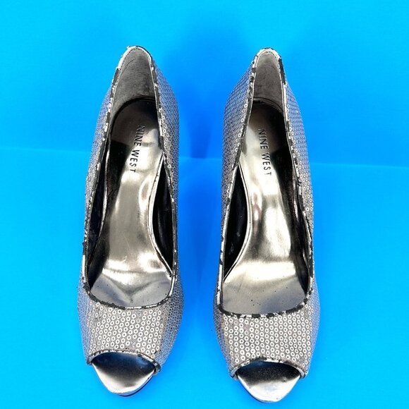 NWT NINE WEST METALLIC SILVER HEEL SEQUIN OPEN TOE HEELS - 7 - Picture 11 of 16